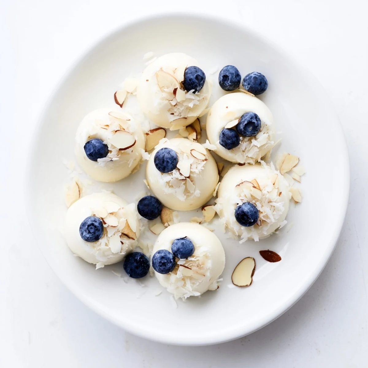 Close-up of creamy blueberry Greek yogurt bites with plump blueberries pressed into the yogurt mounds