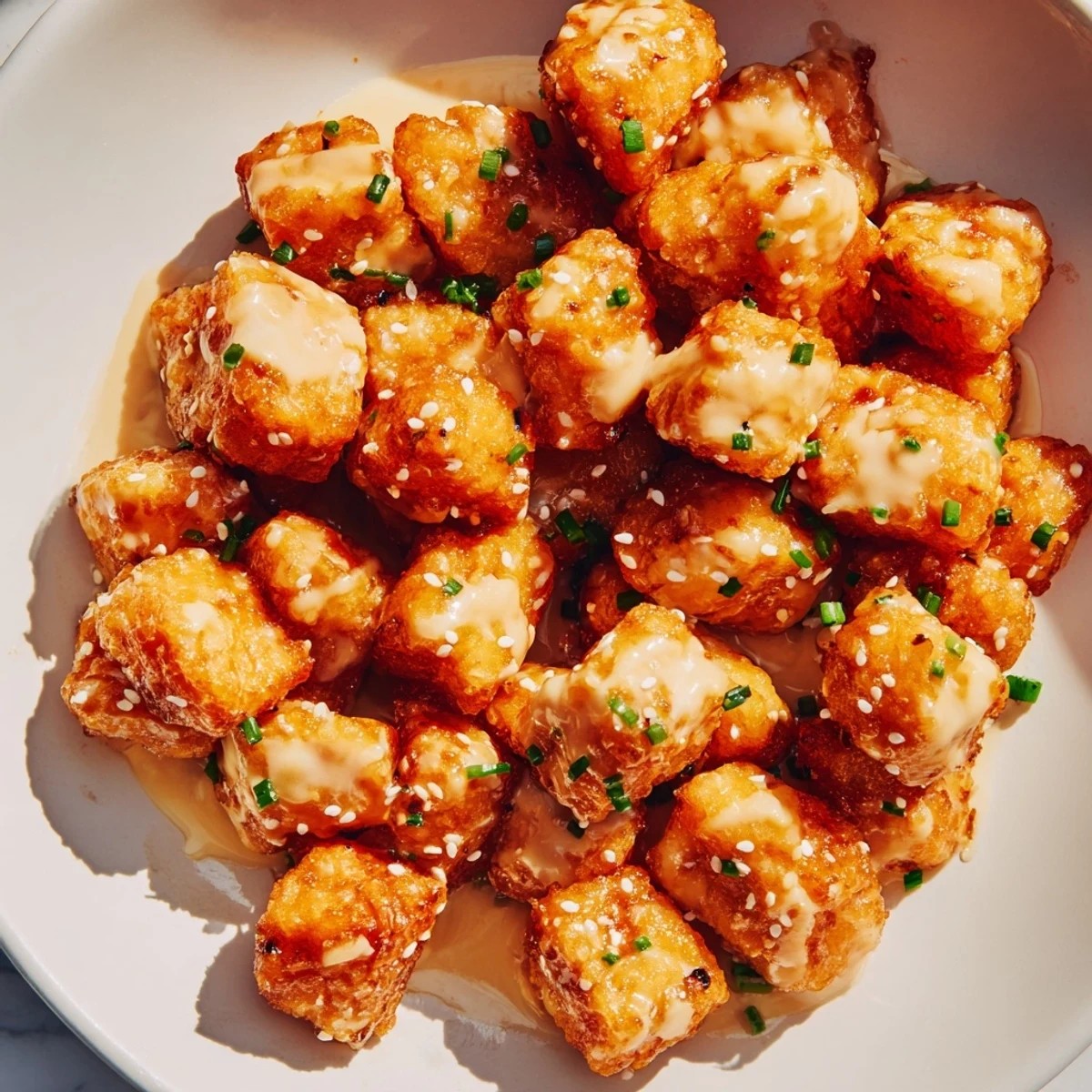 Golden crispy Bang Bang Salmon Bites coated in creamy spicy sauce with fresh green onion garnish
