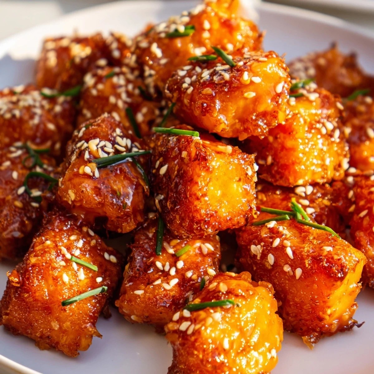 Tender fried salmon cubes drizzled with sweet chili Bang Bang sauce and sprinkled with sesame seeds