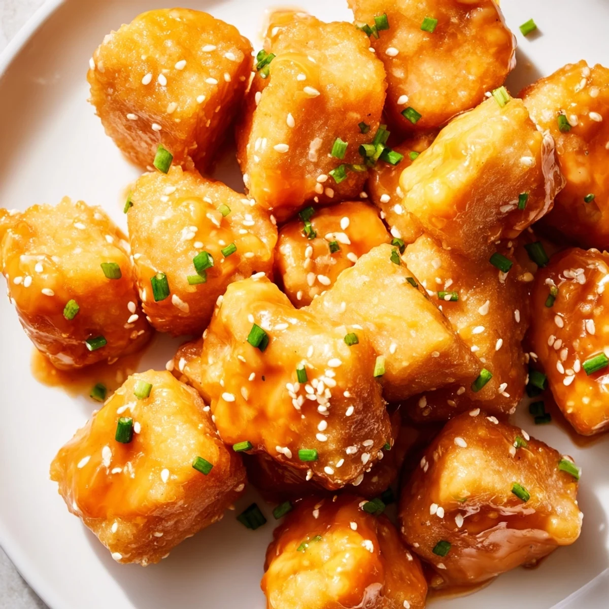 Plate of crispy Bang Bang Salmon Bites tossed in tangy mayo sriracha glaze for appetizer serving