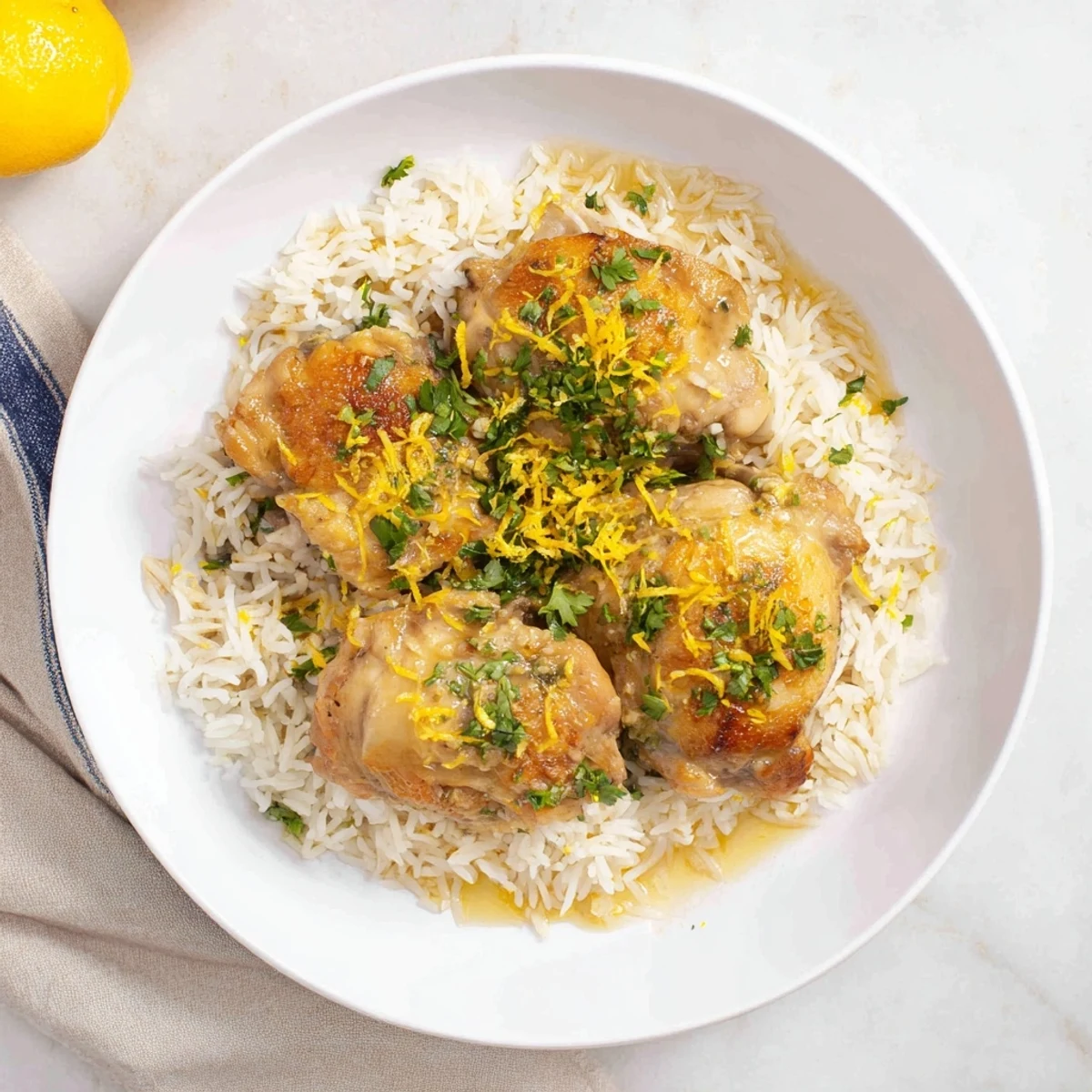 Golden slow cooker lemon herb chicken resting atop a bed of fluffy white rice