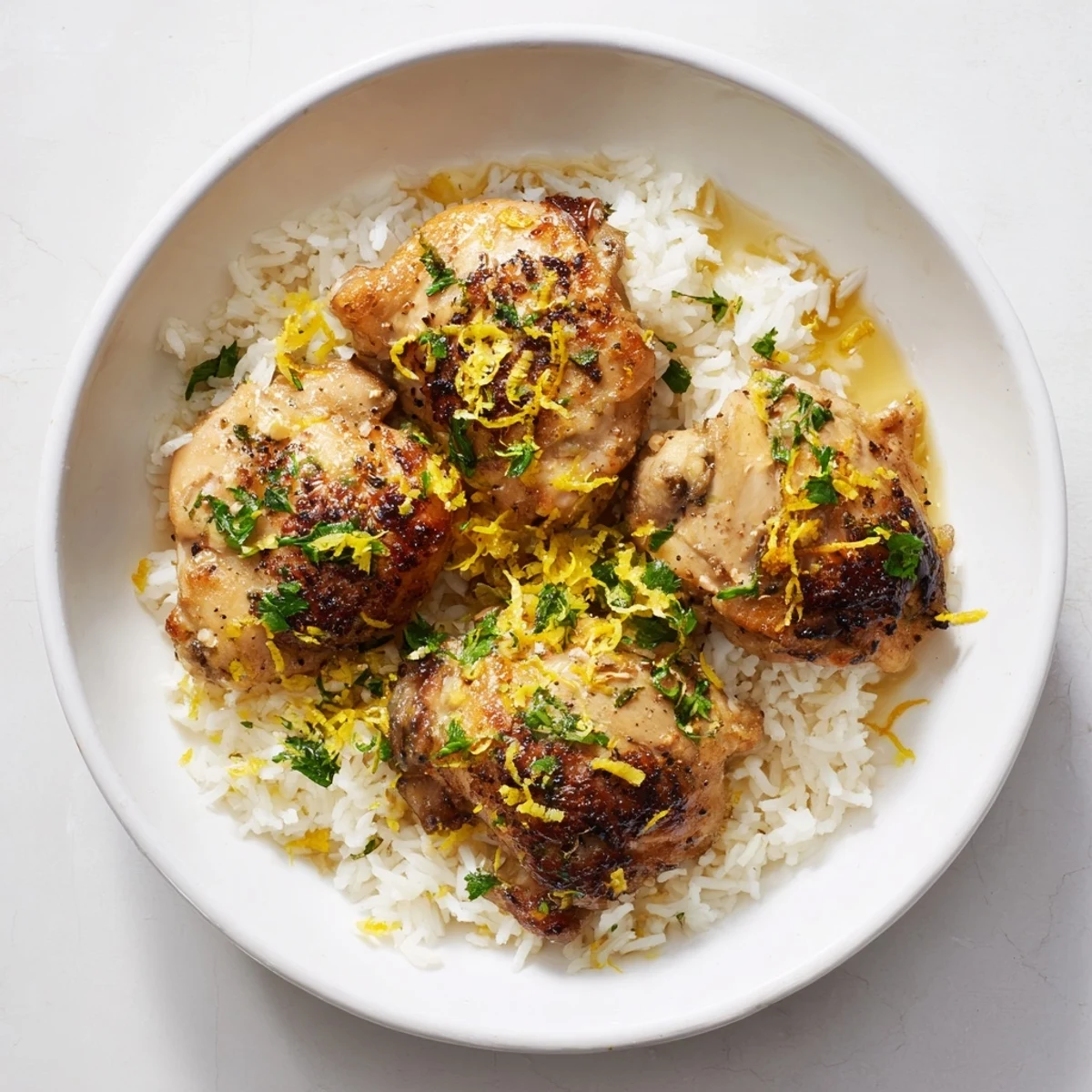 Herb seasoned slow cooked chicken drizzled with lemon juices over a mound of white rice