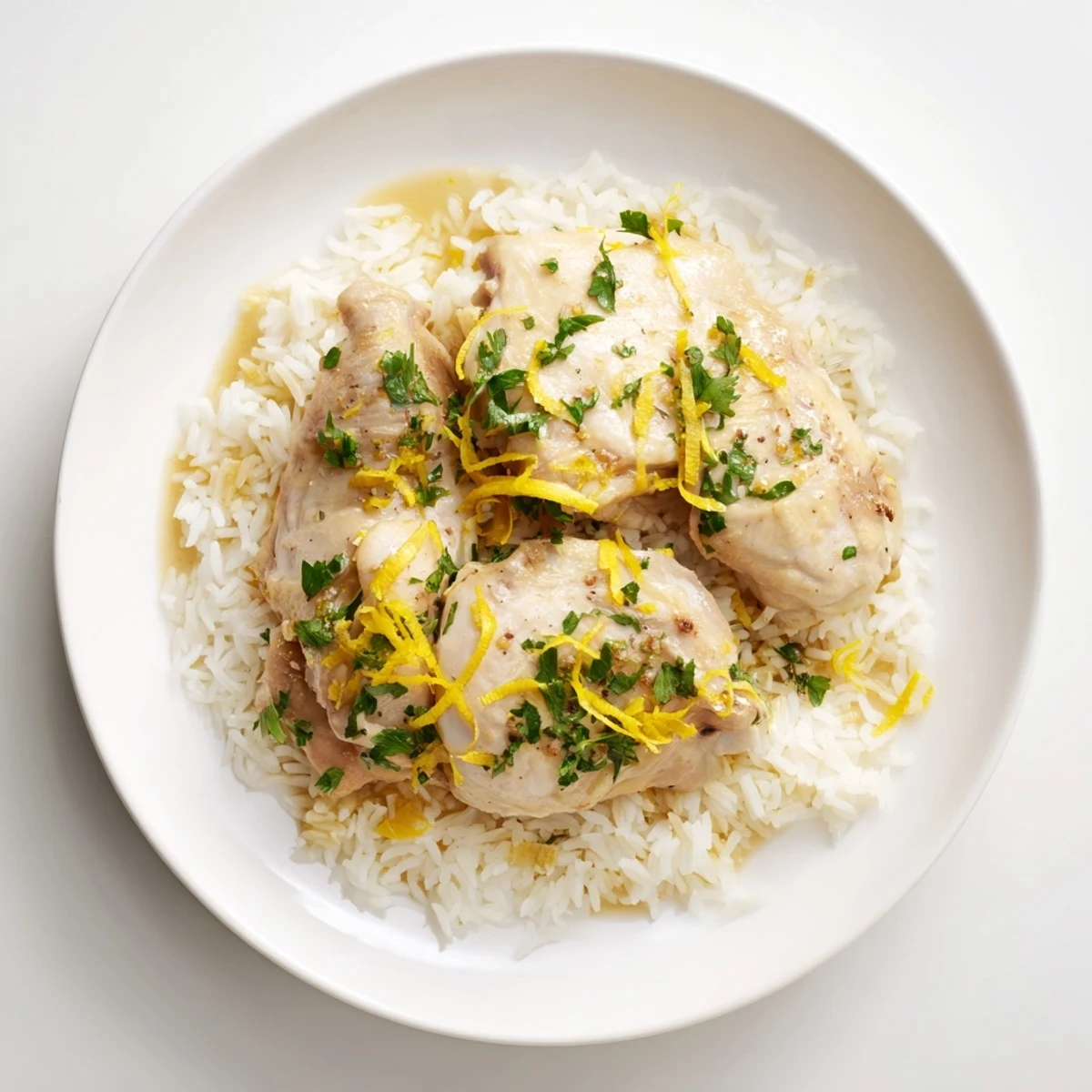 Tender juicy chicken thighs with bright lemon flavor served over steaming fluffy white rice