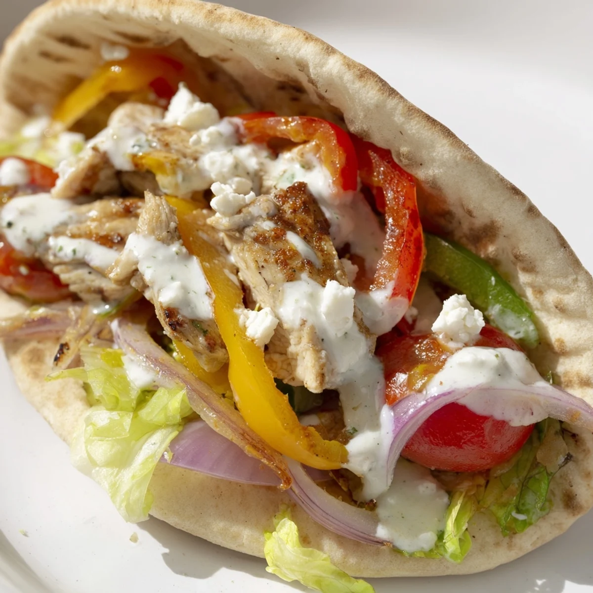 Juicy sheet pan chicken pitas overflowing with crisp vegetables and tangy homemade ranch sauce for easy weeknight dinners