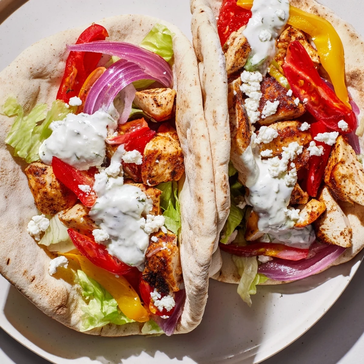 Golden roasted chicken and colorful bell peppers stuffed inside warm pita breads with creamy herby ranch drizzle