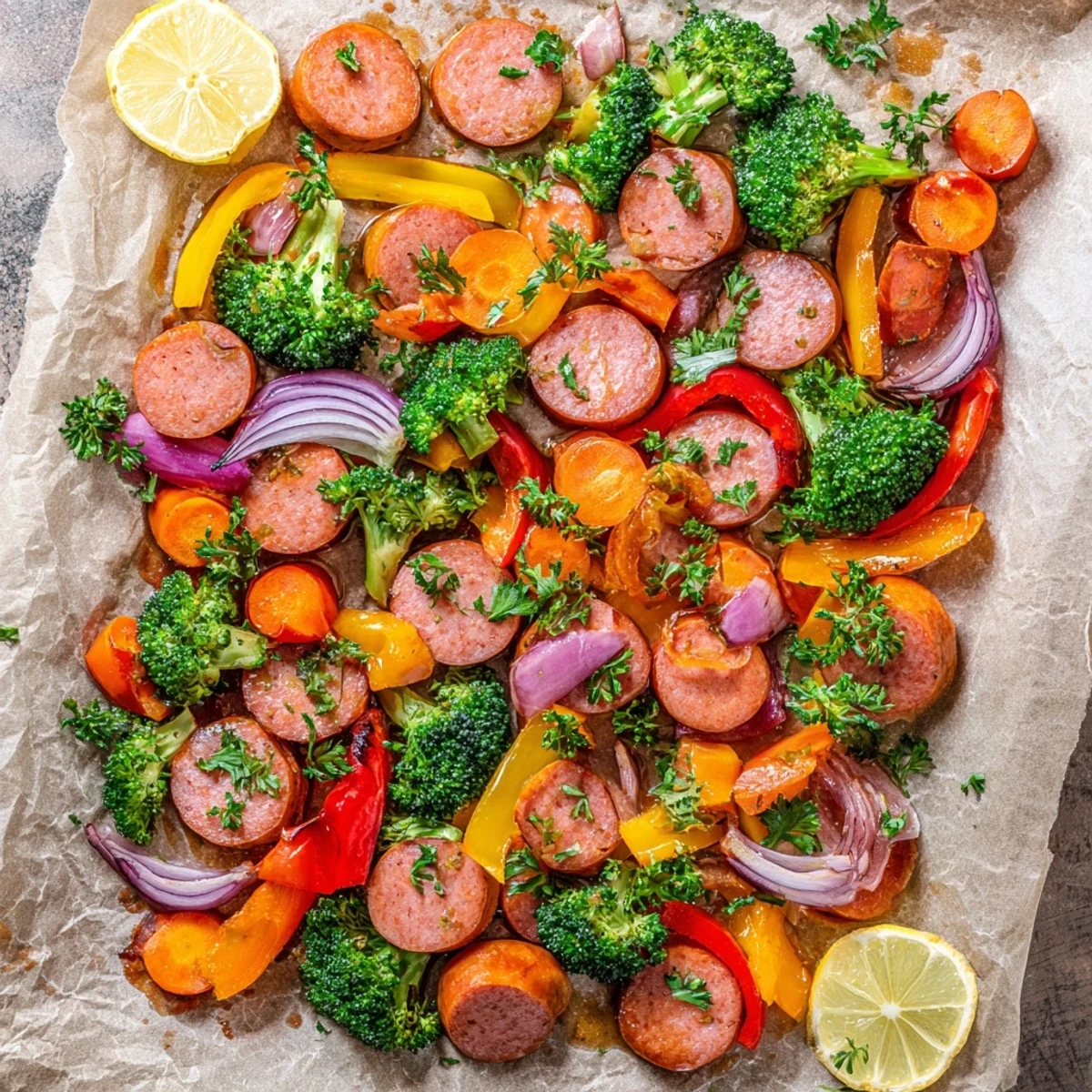 Golden roasted one pan honey garlic kielbasa and veggies caramelized on a baking sheet