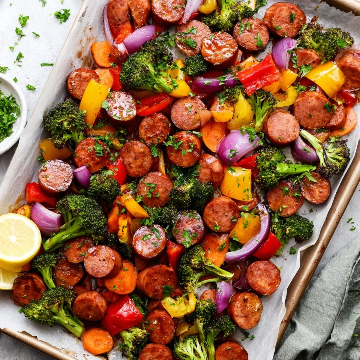 Colorful sheet pan meal with honey garlic kielbasa sausage and roasted vegetables