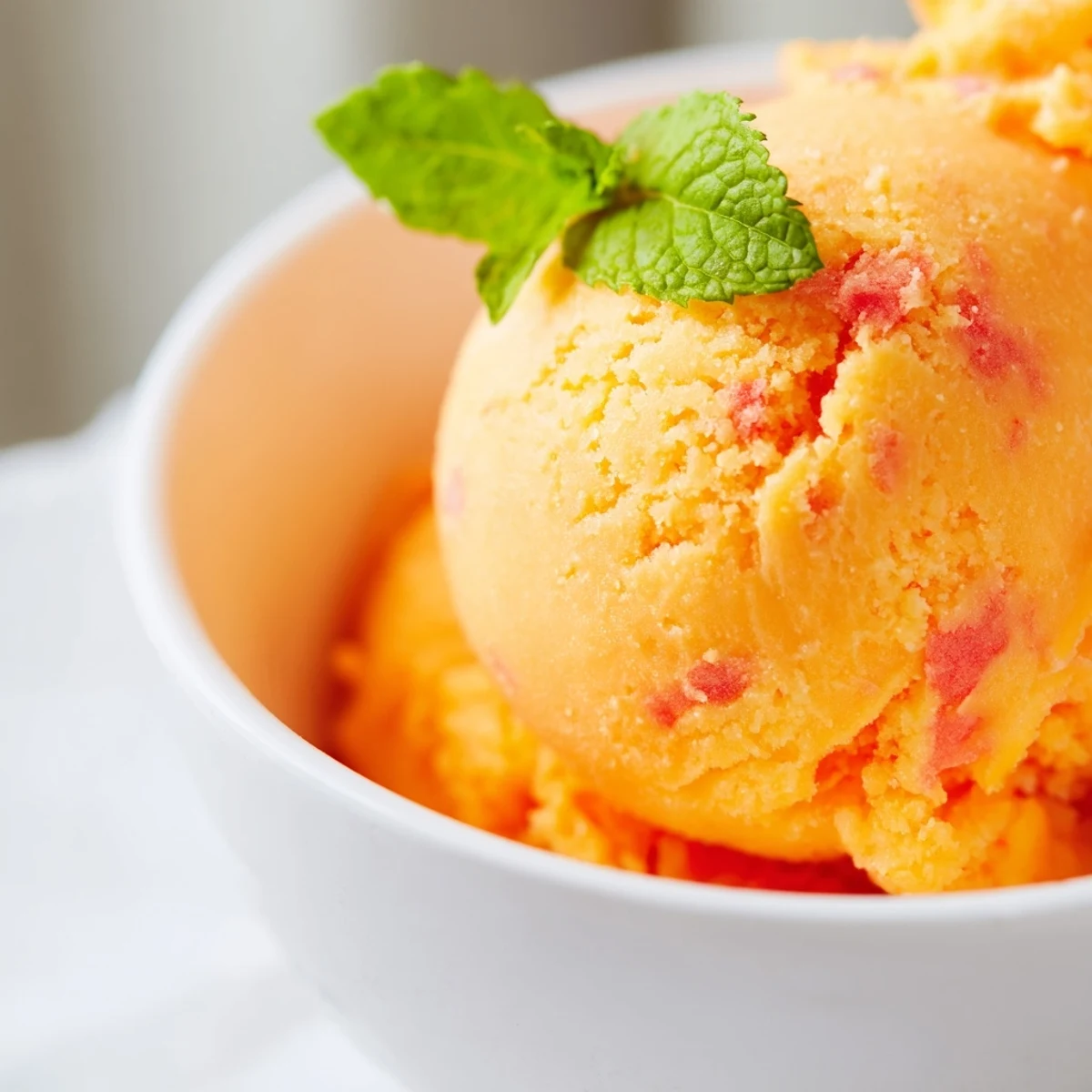 Golden mango strawberry sorbet scooped into a chilled bowl with fresh mint garnish