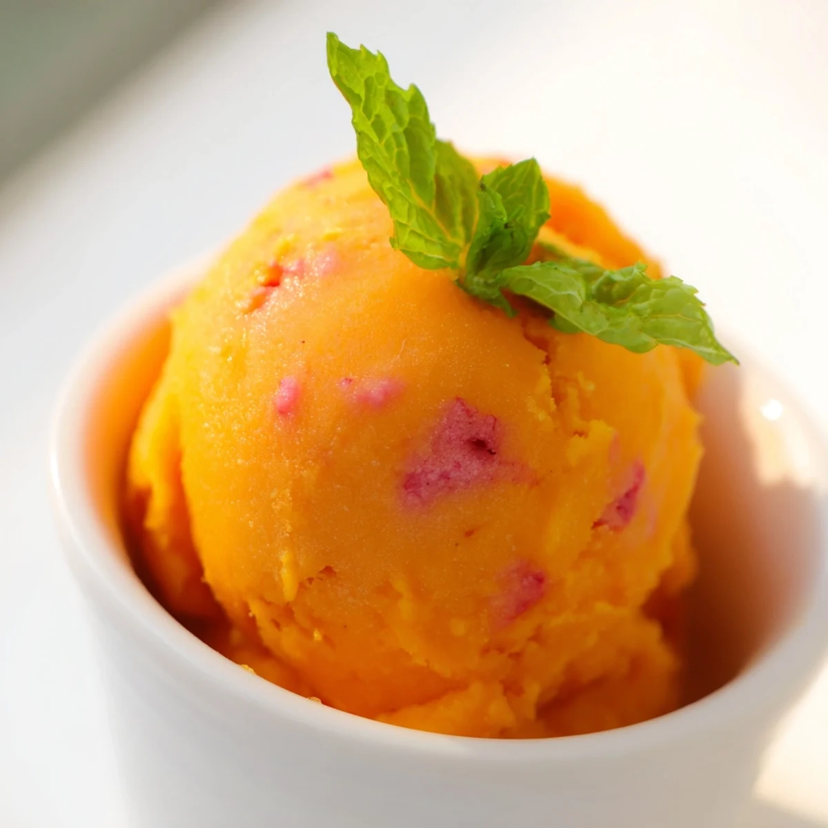 Vibrant orange and pink swirls of creamy mango strawberry sorbet in a glass serving dish