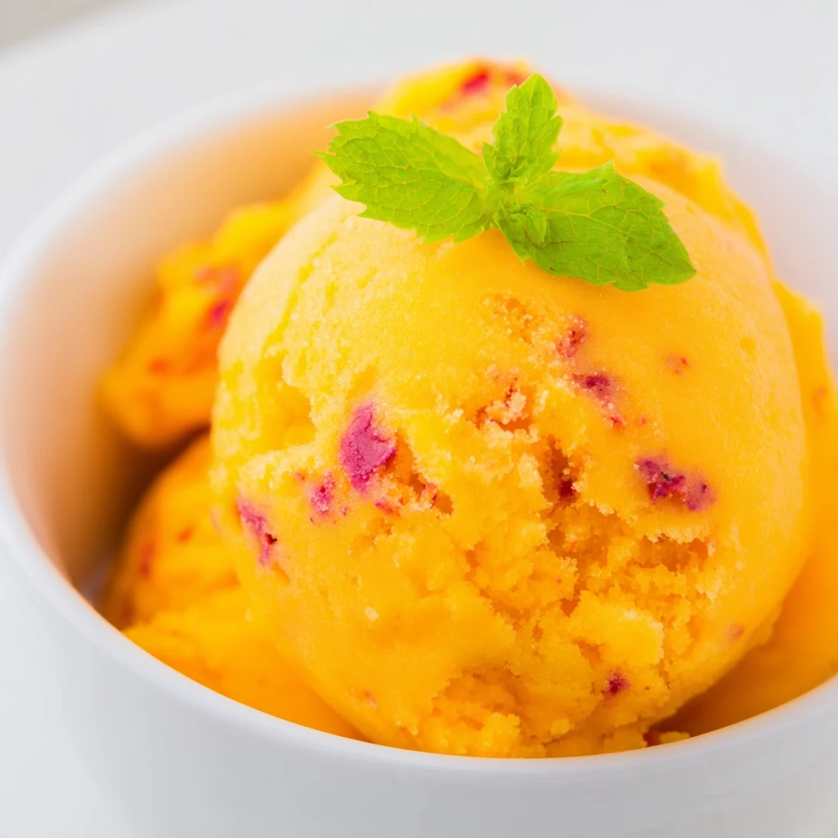 Refreshing scoop of dairy-free mango strawberry sorbet topped with halved fresh strawberry