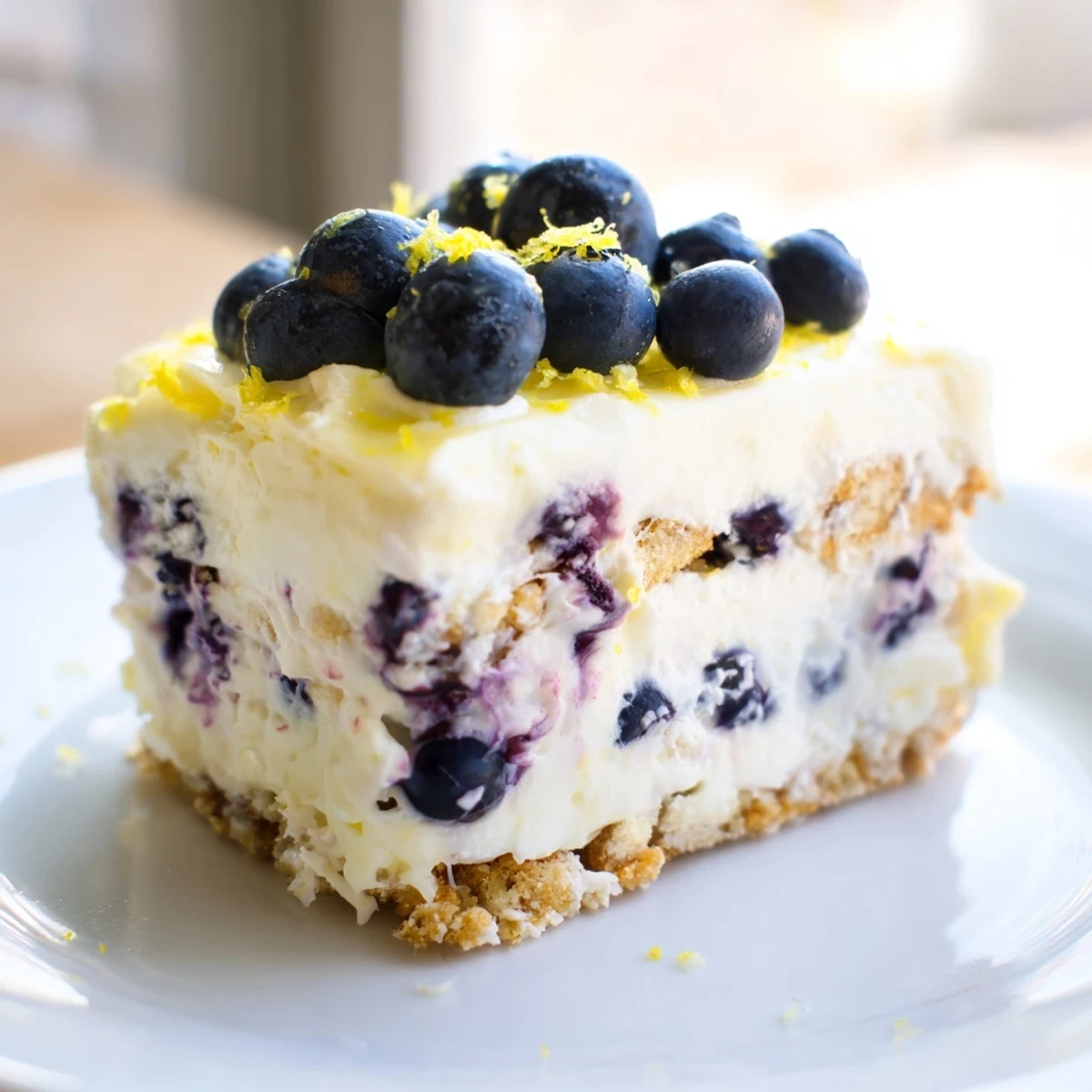 Slice of lemon blueberry cream cake with graham cracker crust and blueberry garnish