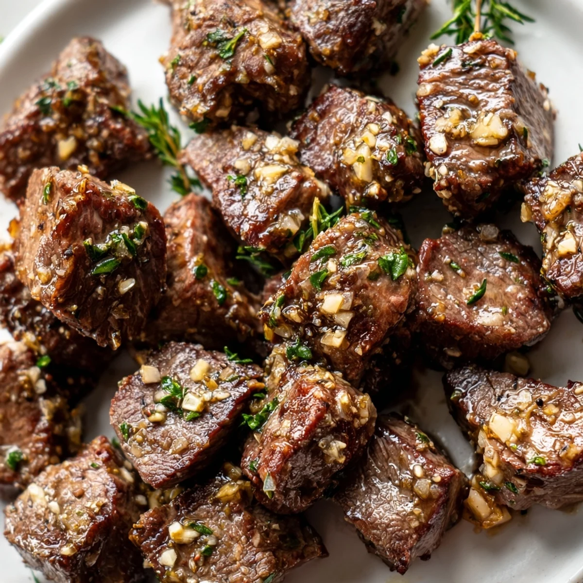 Golden pan-seared garlic butter steak bites with fresh herbs served on a white plate