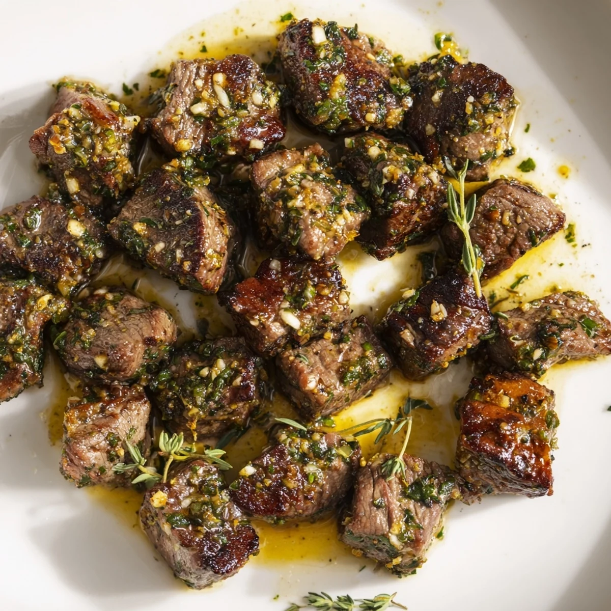 Tender cubed steak sizzling in rich melted garlic butter sauce with parsley garnish