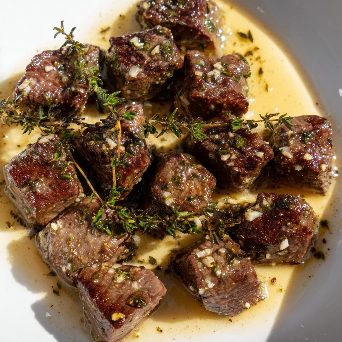 Juicy steak bites coated in savory garlic butter sauce arranged on a serving platter