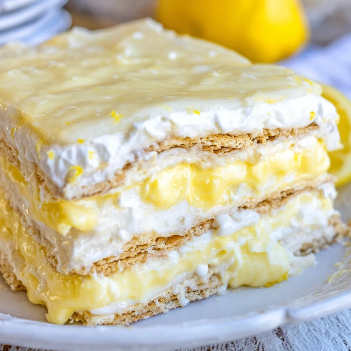 No bake lemon eclair cake with creamy lemon pudding layers and graham crackers