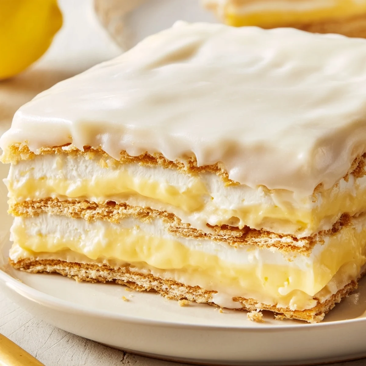 Chilled lemon eclair cake square showing fluffy whipped cream and bright yellow glaze