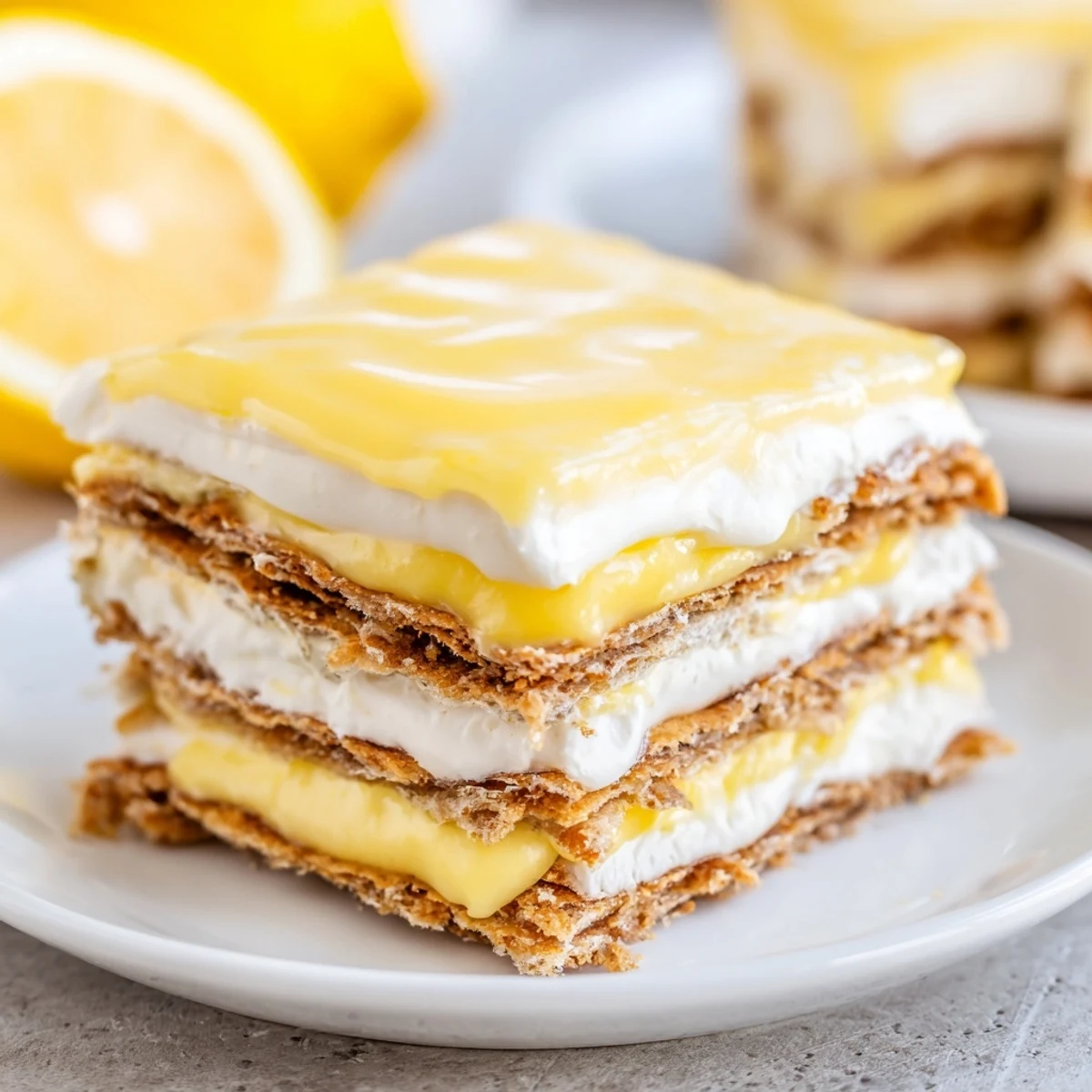 Golden graham cracker layers with zesty lemon cream and silky glaze topping