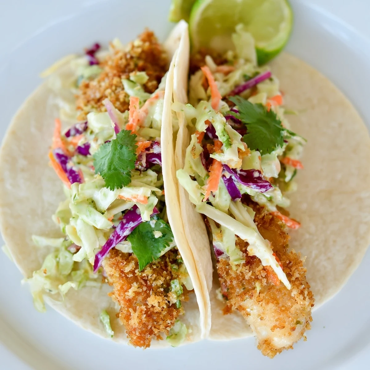 Golden crispy fish tacos topped with vibrant purple and green cabbage slaw