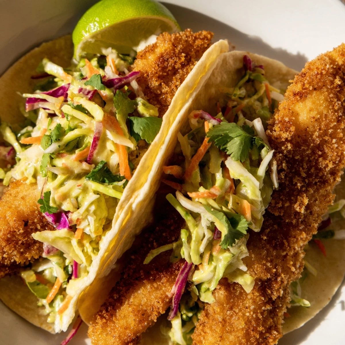 Warm corn tortillas filled with golden fried fish strips and fresh citrus slaw
