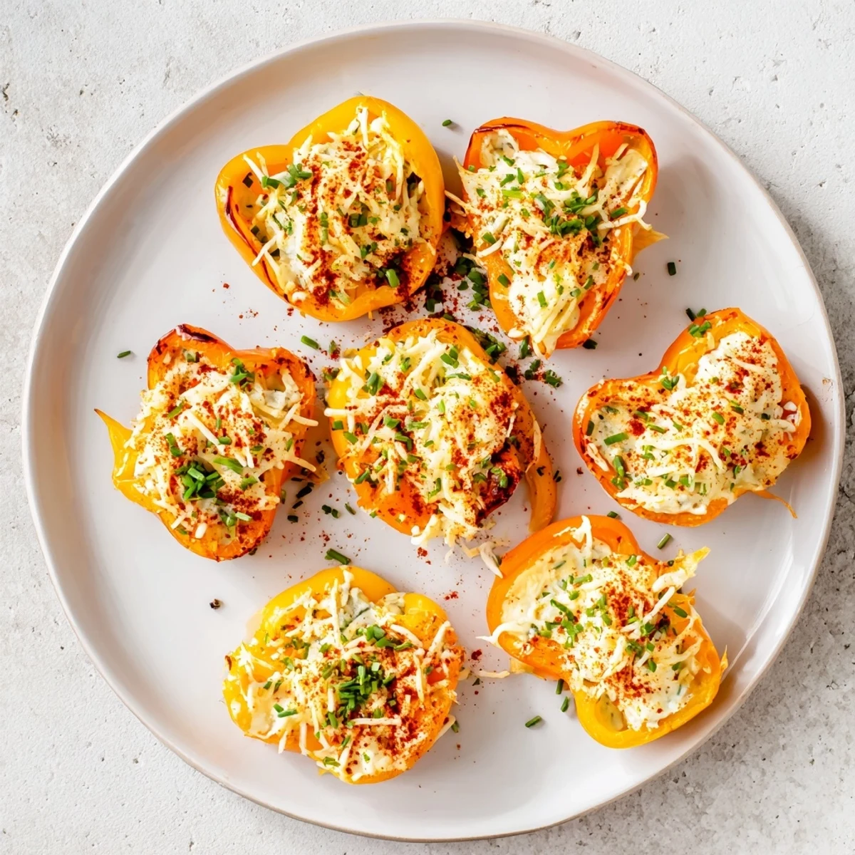 Crispy tender cream cheese stuffed mini peppers topped with paprika and served warm as gluten-free appetizer