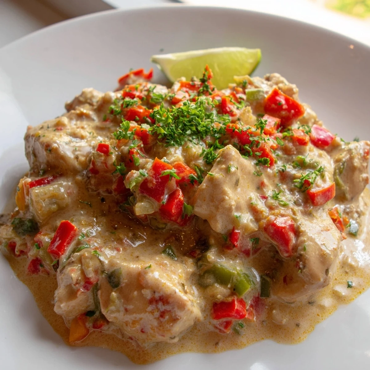 Rich coconut curry chicken simmered with diced tomatoes and fresh herbs, garnished with lime