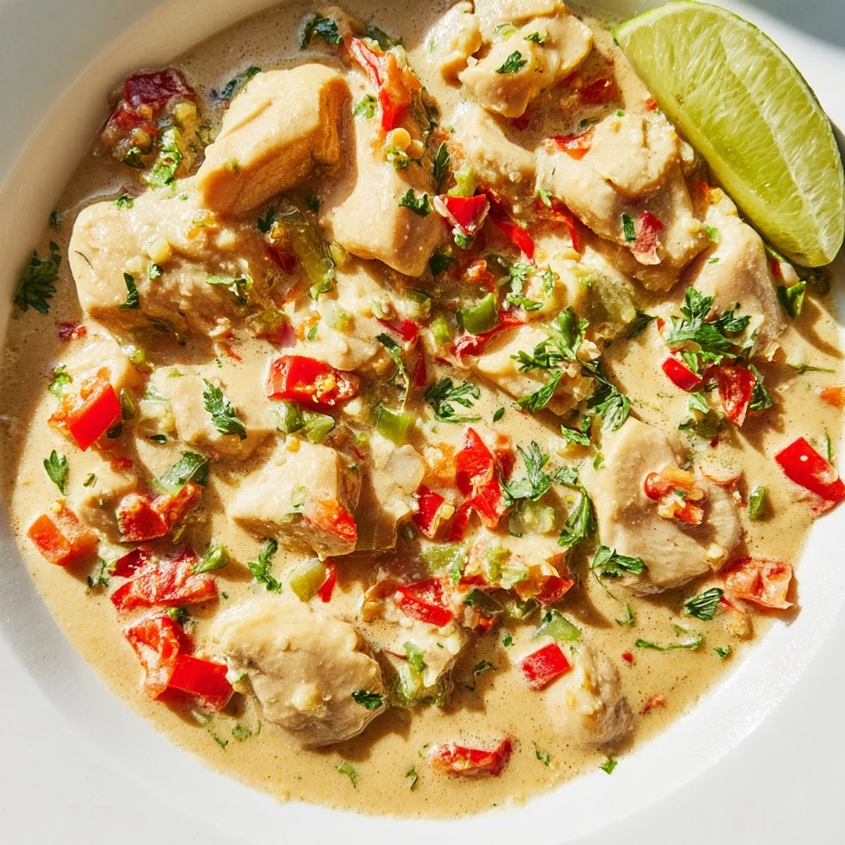 Golden chicken chunks swimming in creamy spicy Brazilian coconut sauce with colorful bell peppers