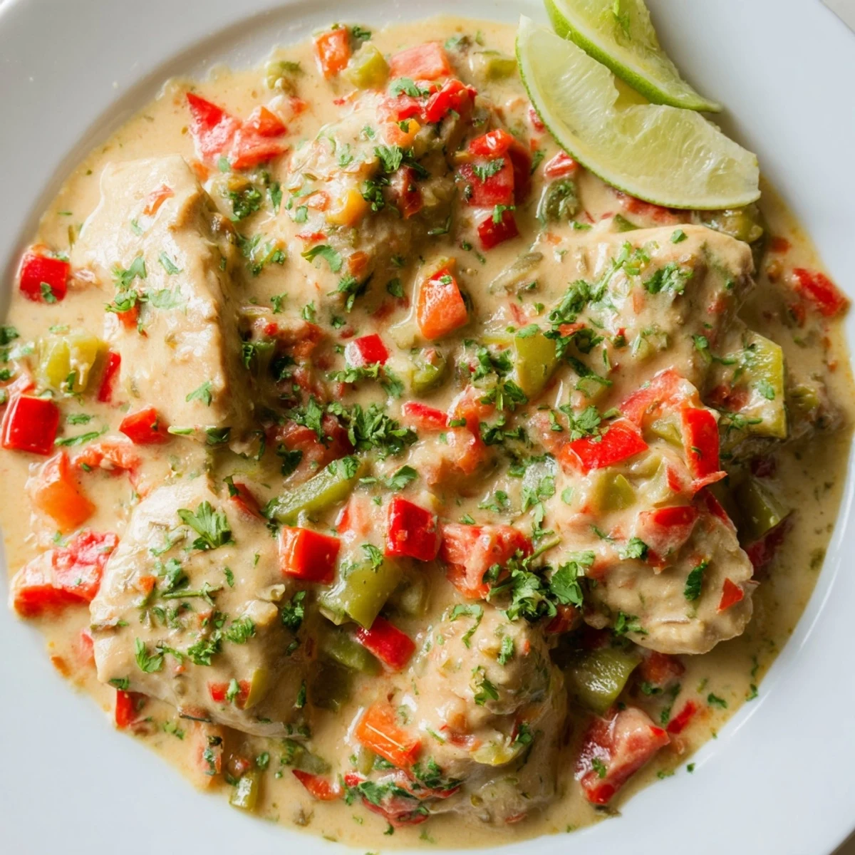 Tender spicy Brazilian coconut chicken served over white rice with vibrant red and green peppers