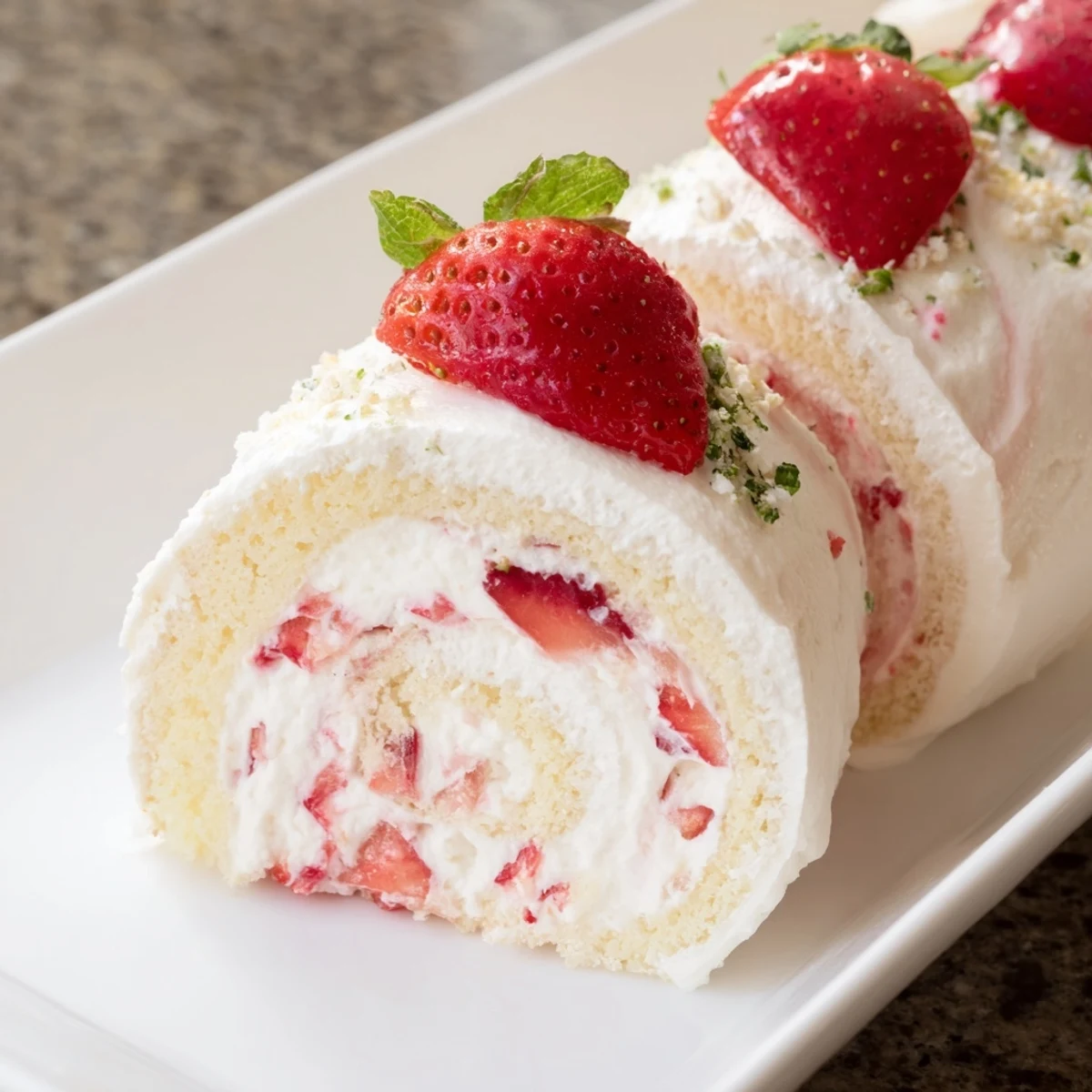 Fusion dessert showing sliced strawberry shortcake sushi pieces topped with fresh strawberry slices and mint garnish