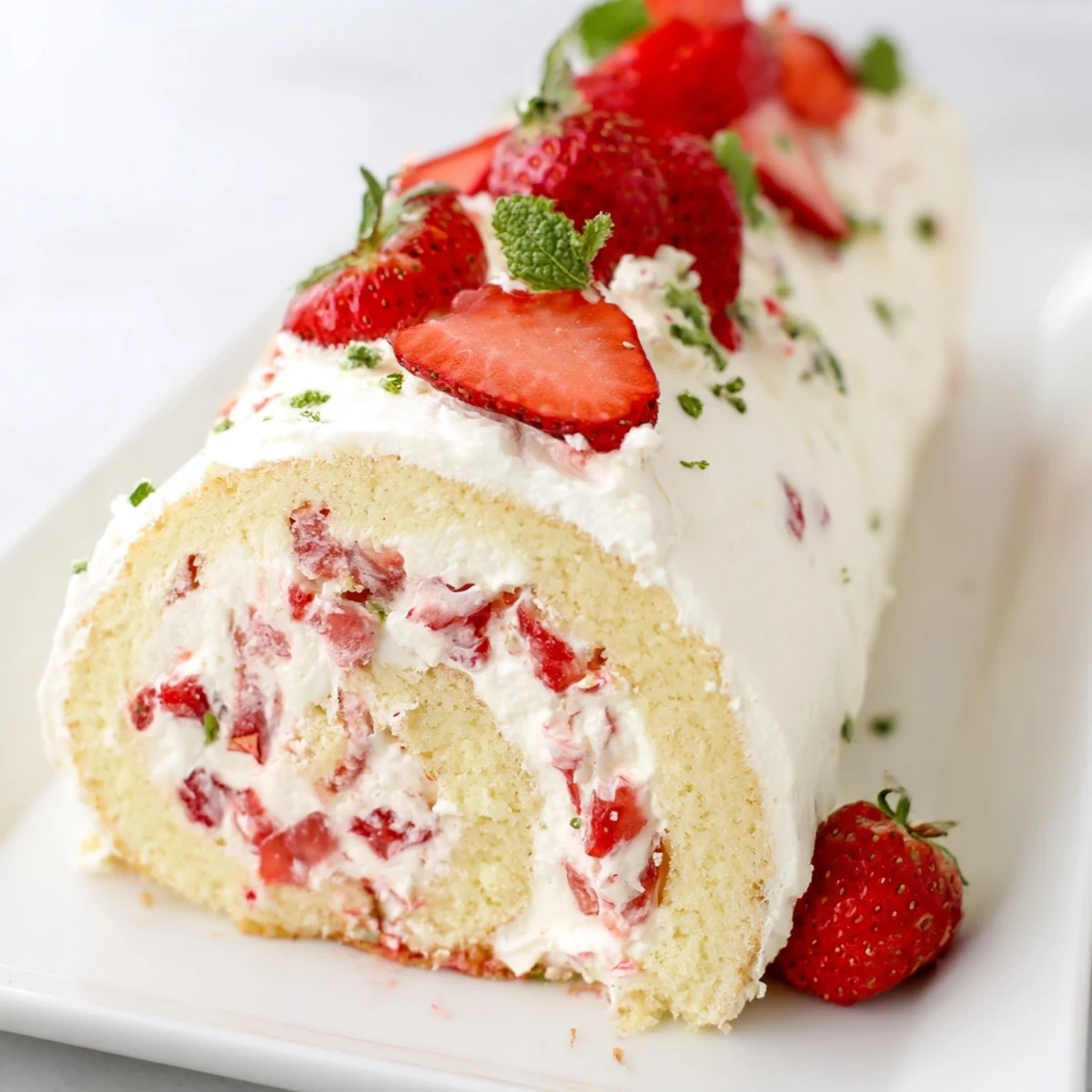 Close-up of rolled vanilla cake sushi filled with sweet diced strawberries and fluffy whipped cream layers