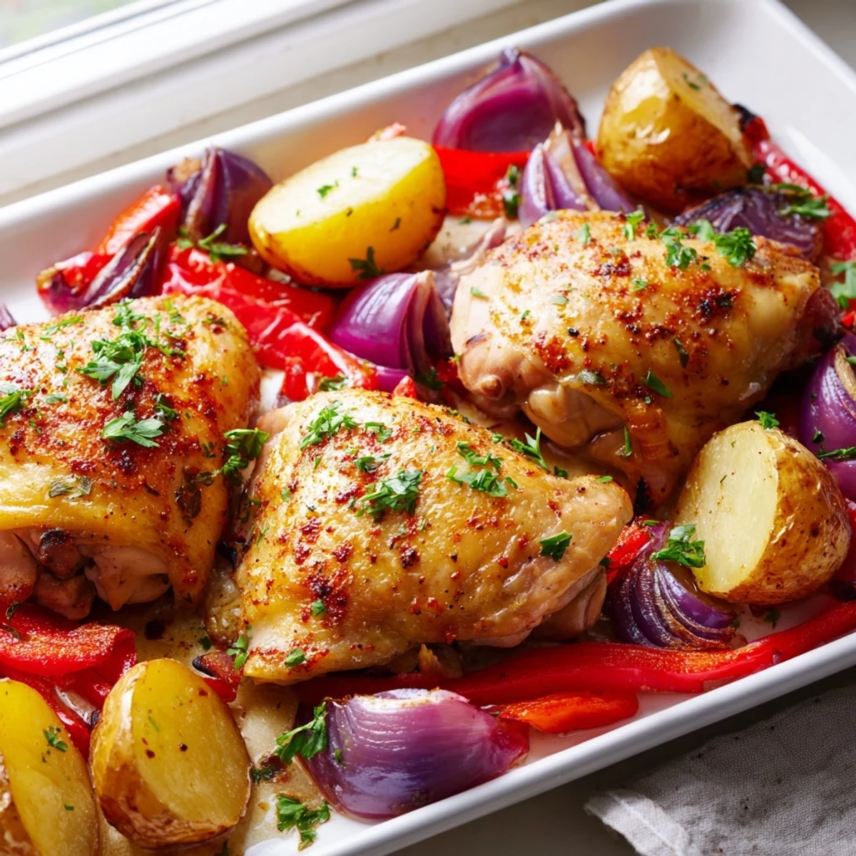 Golden roasted sheet pan chicken and potatoes with colorful vegetables and fresh parsley garnish