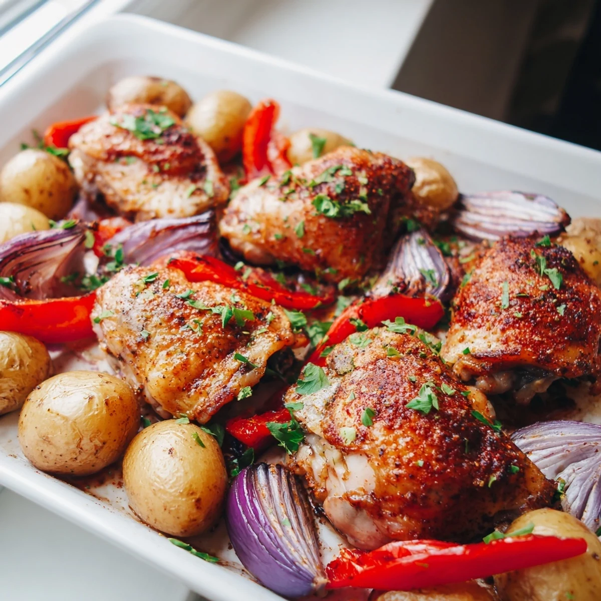 One-pan dinner featuring crispy skin chicken thighs nestled alongside tender baby potatoes and bell peppers