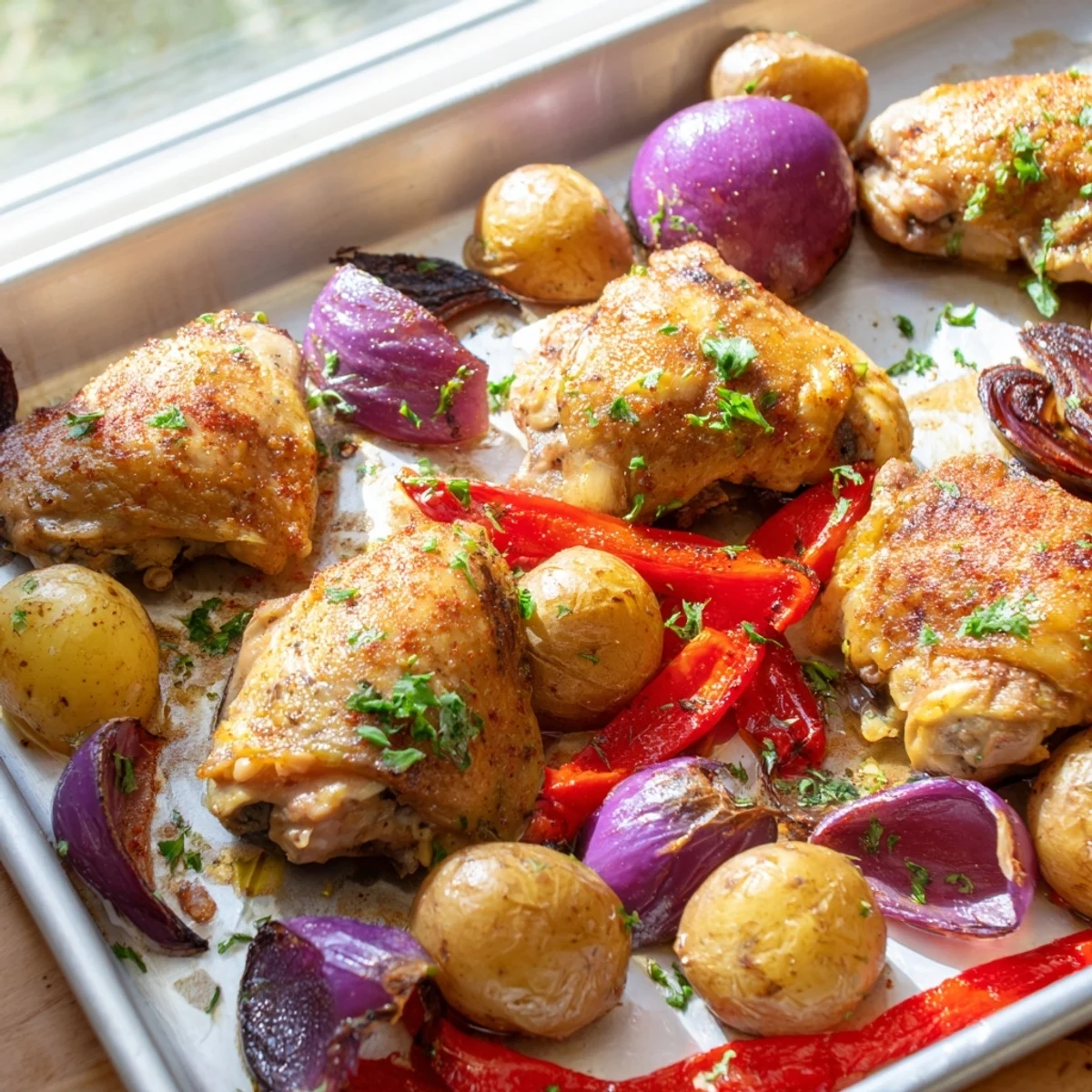 Easy sheet pan chicken and potatoes recipe with lemon herb marinade and roasted red onion wedges