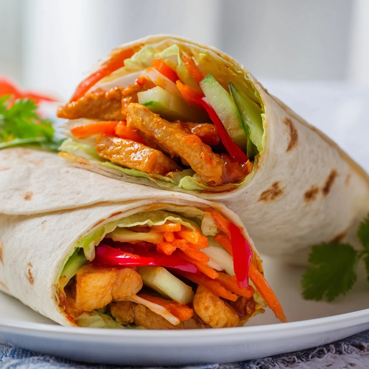 Hand-held sweet chili chicken wraps showcasing colorful sliced peppers carrots and fresh green lettuce