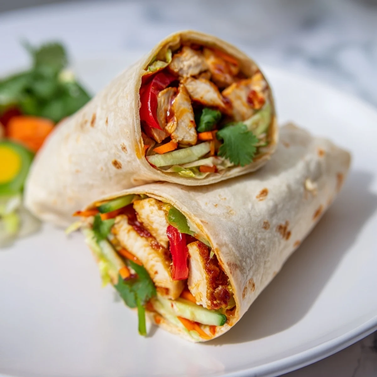 Golden sweet chili chicken wraps filled with crisp vegetables wrapped in warm soft tortillas