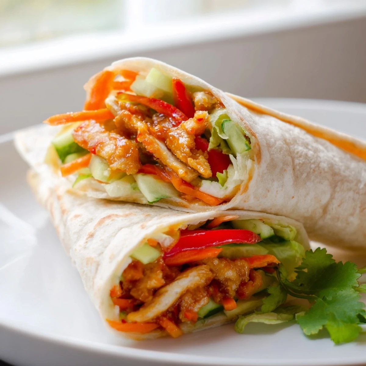 Delicious sweet chili chicken wraps sliced in half revealing tender marinated meat and crunchy veggies