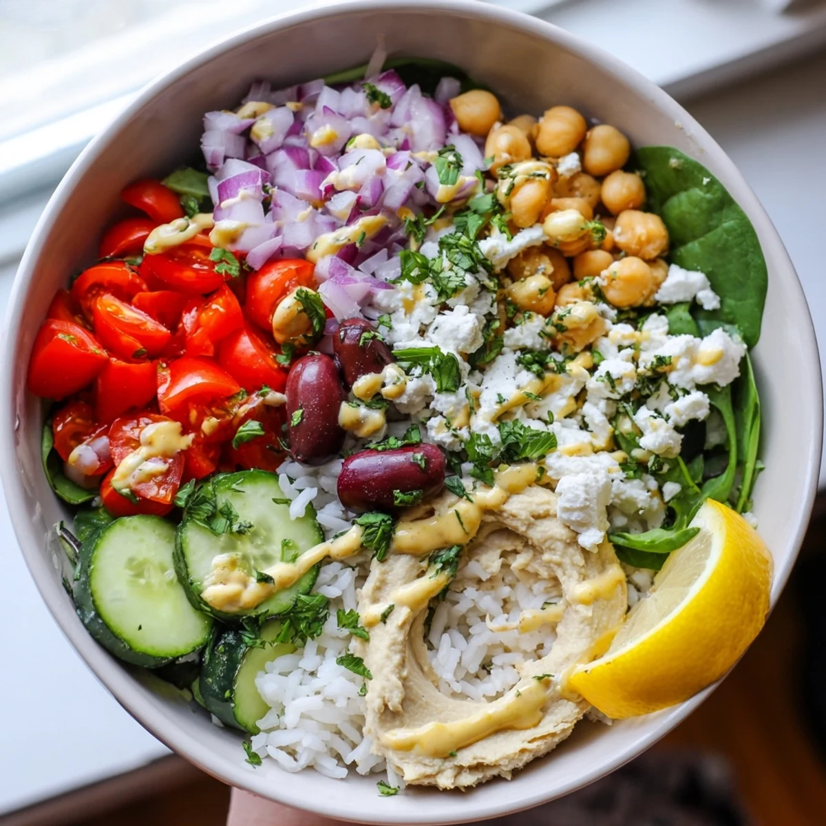 Fluffy rice layered with crisp cucumber, tomatoes, olives, and creamy lemon-tahini dressing in a Mediterranean bowl