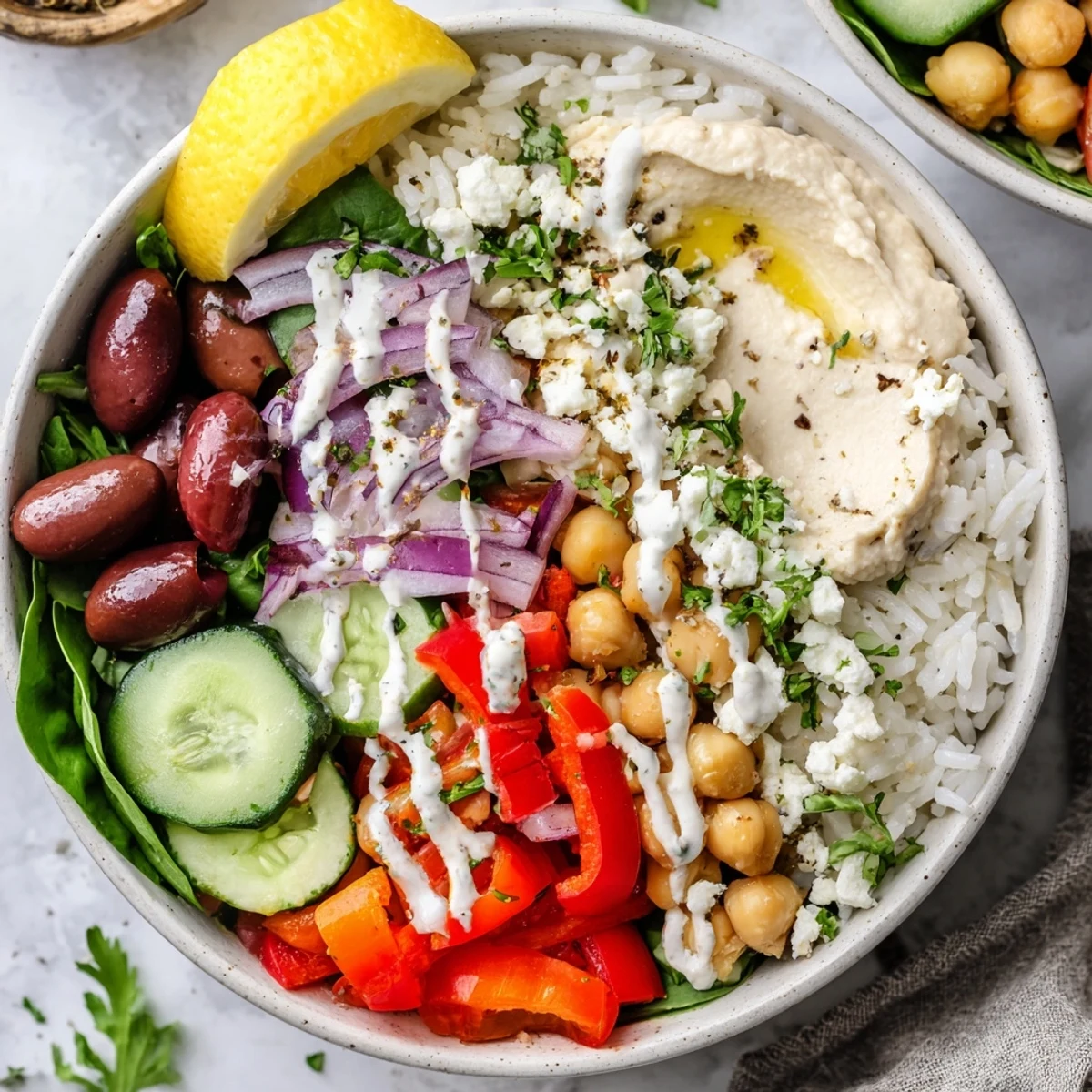 Vibrant Mediterranean rice bowl featuring crunchy vegetables, protein-rich chickpeas, and zesty tahini drizzle