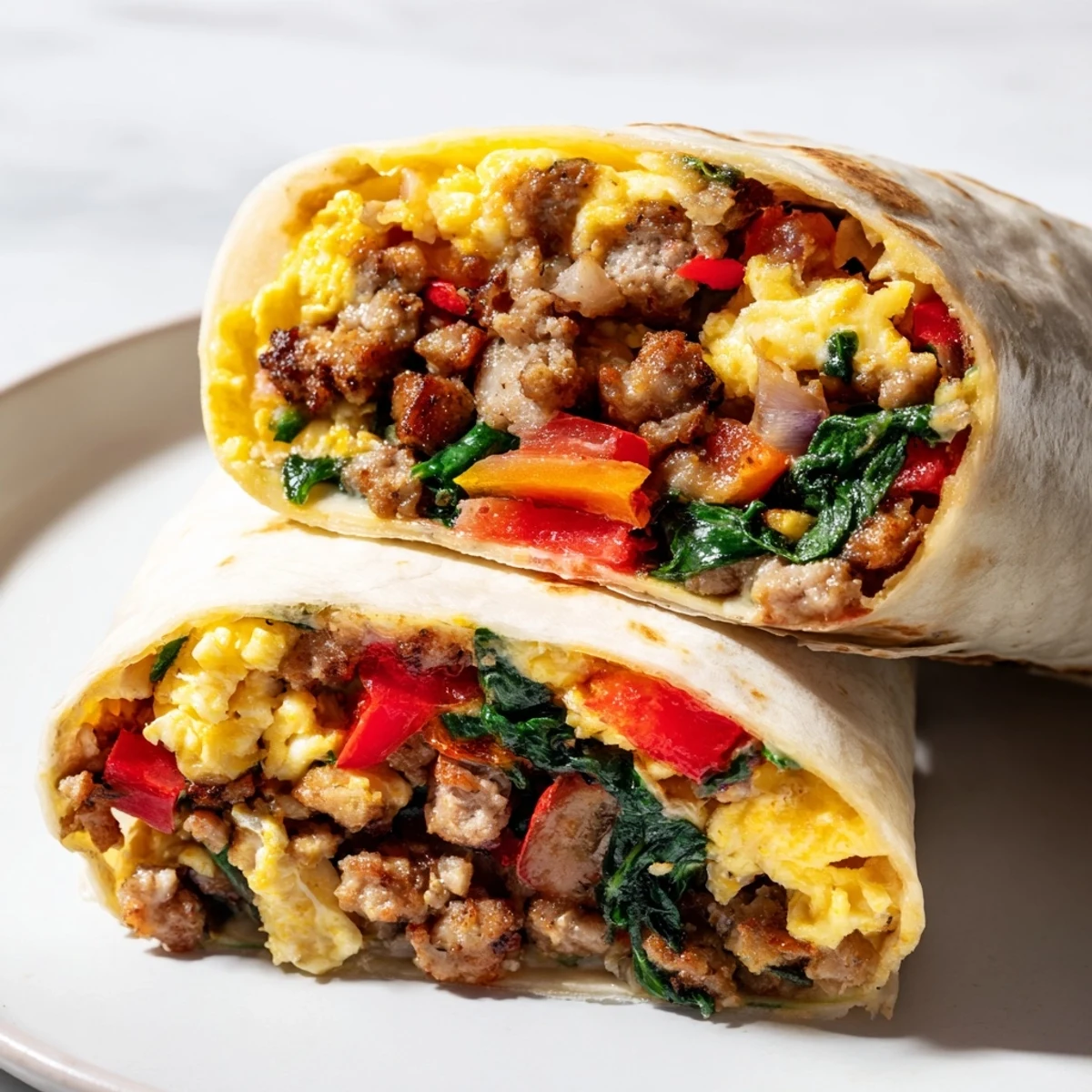 Golden make-ahead breakfast burritos filled with fluffy scrambled eggs, melted cheddar cheese, and savory sausage on a warm flour tortilla