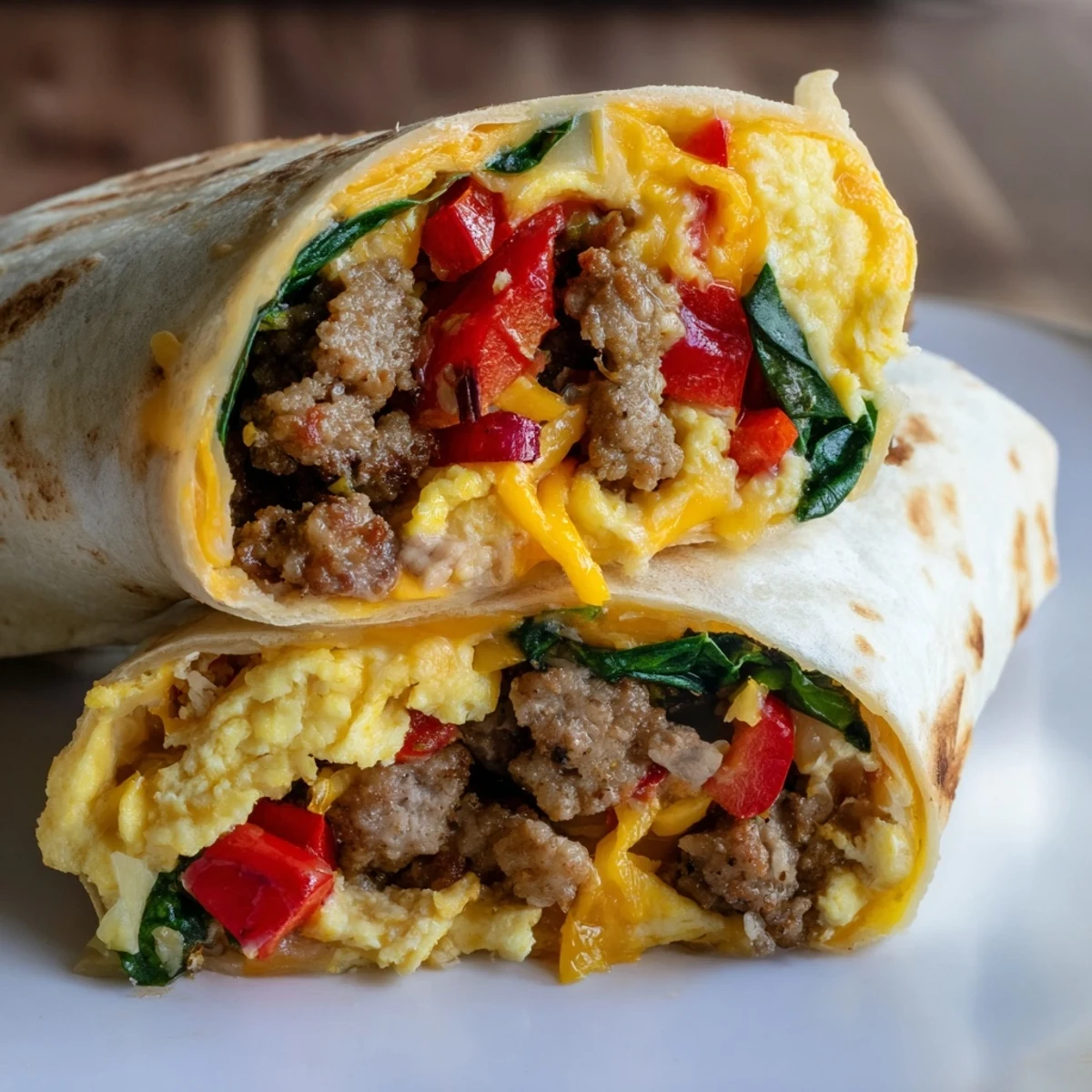 Hearty make-ahead breakfast burritos wrapped in foil and ready for freezing, packed with eggs, vegetables, and sausage for busy mornings
