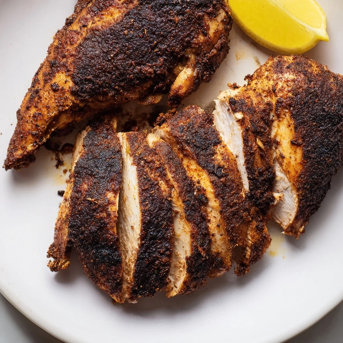 Golden blackened chicken breast with dark crispy Cajun spice crust on white plate