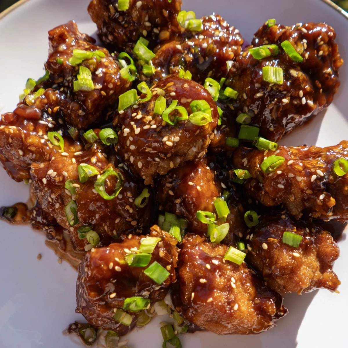Golden brown Mongolian chicken pieces coated in a glossy brown sugar garlic soy sauce
