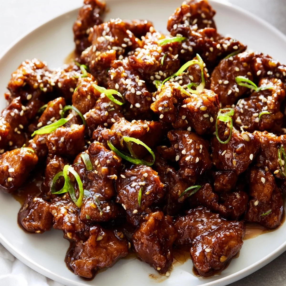 Steaming plate of Mongolian chicken served over white rice and garnished with fresh scallions