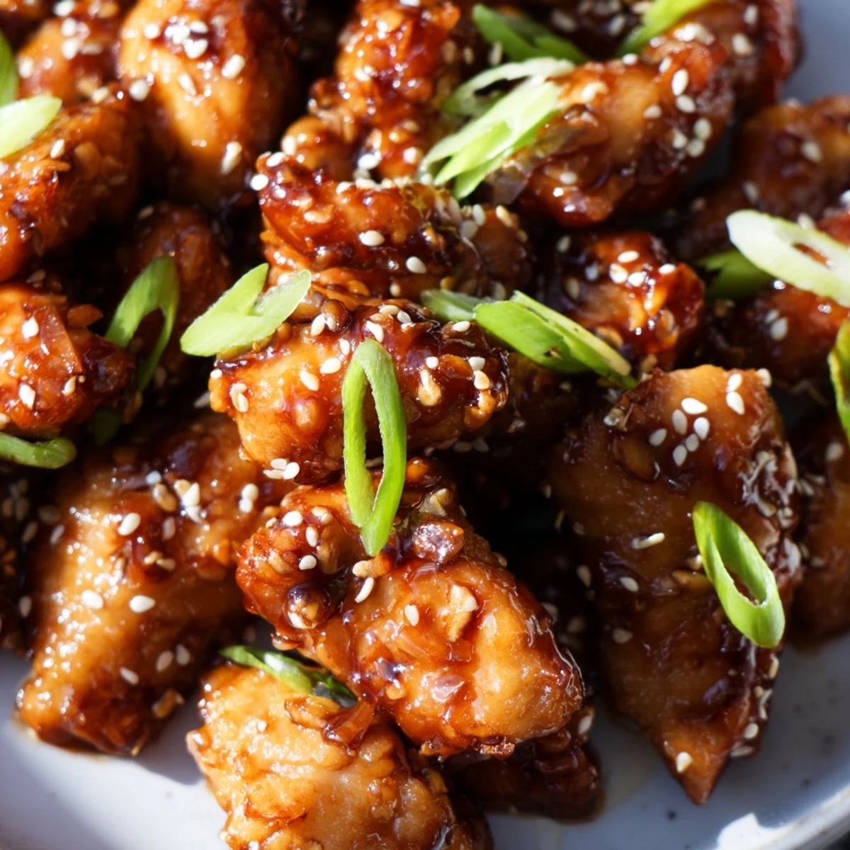 Crispy chicken thighs tossed in sweet savory Mongolian sauce with sesame seeds and green onions