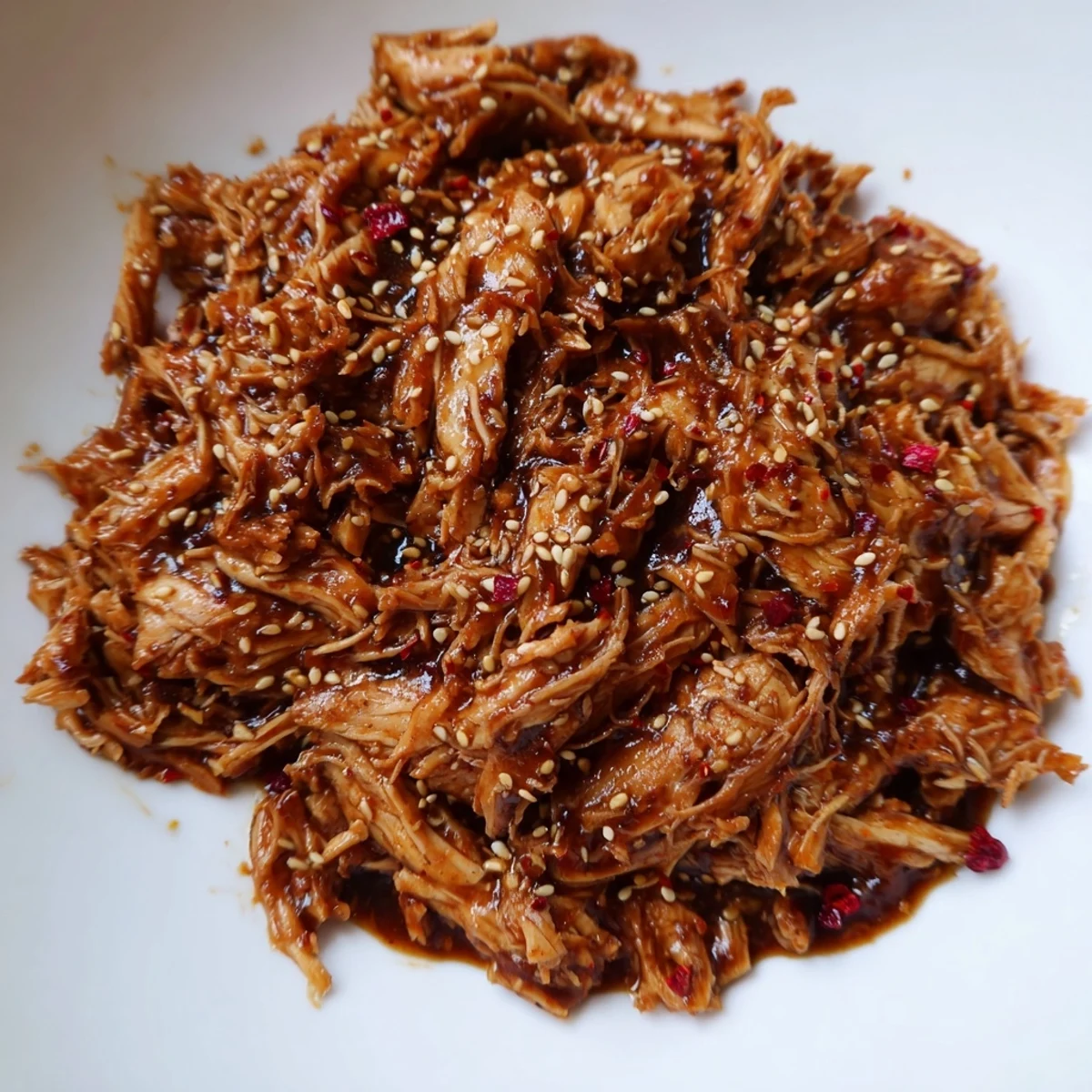 Golden shredded slow cooker Mongolian chicken glazed in thick savory sauce over white rice
