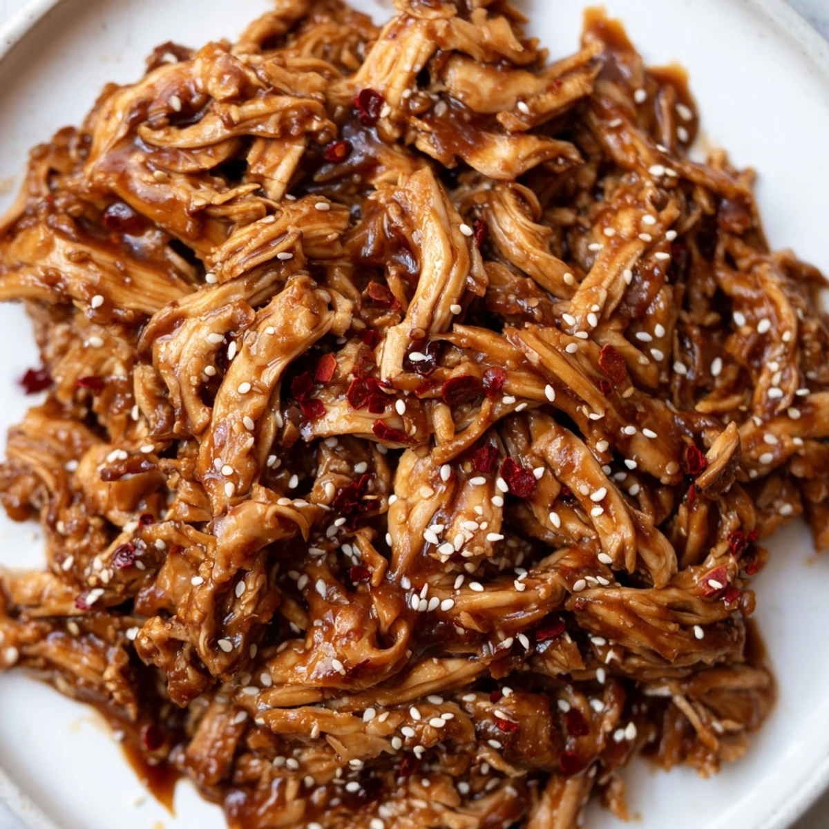 Tender slow cooker Mongolian chicken pieces coated in sweet hoisin garlic sauce with sesame topping