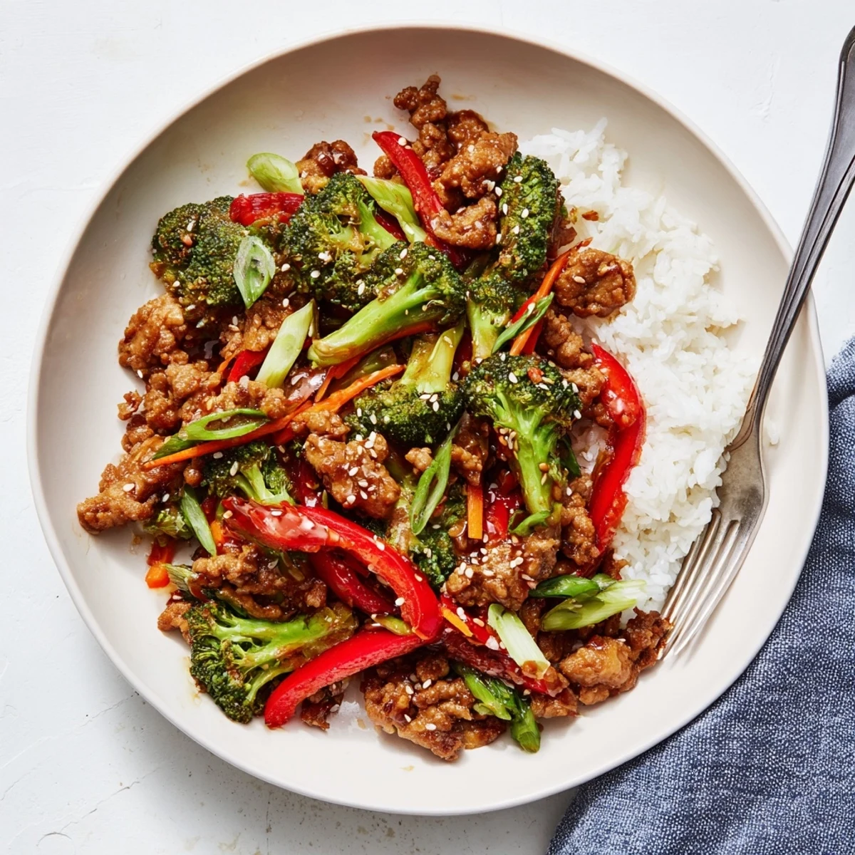 Sizzling skillet of ground turkey stir fry with broccoli coated in glossy savory sauce over fluffy white rice.