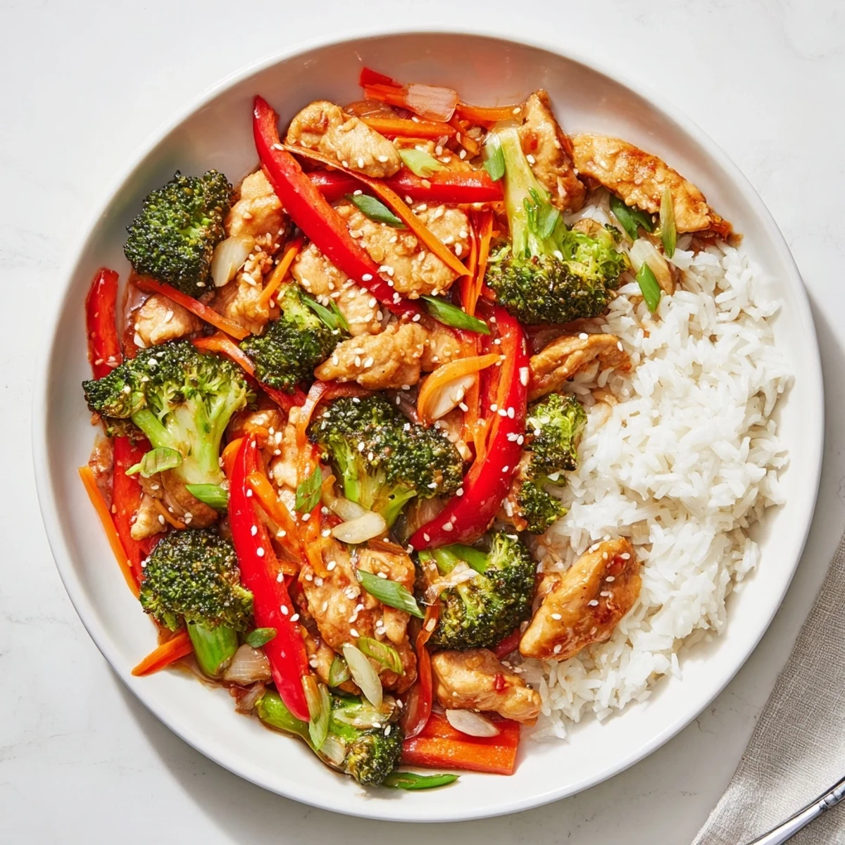 Healthy ground turkey stir fry with fresh broccoli and vegetables ready to serve in a rustic ceramic bowl.