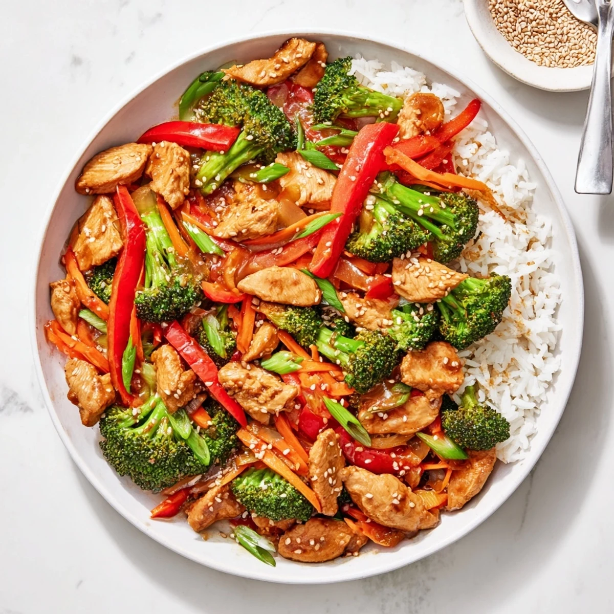 Colorful ground turkey stir fry featuring crisp broccoli florets and vibrant red bell pepper in a rich Asian-style glaze.