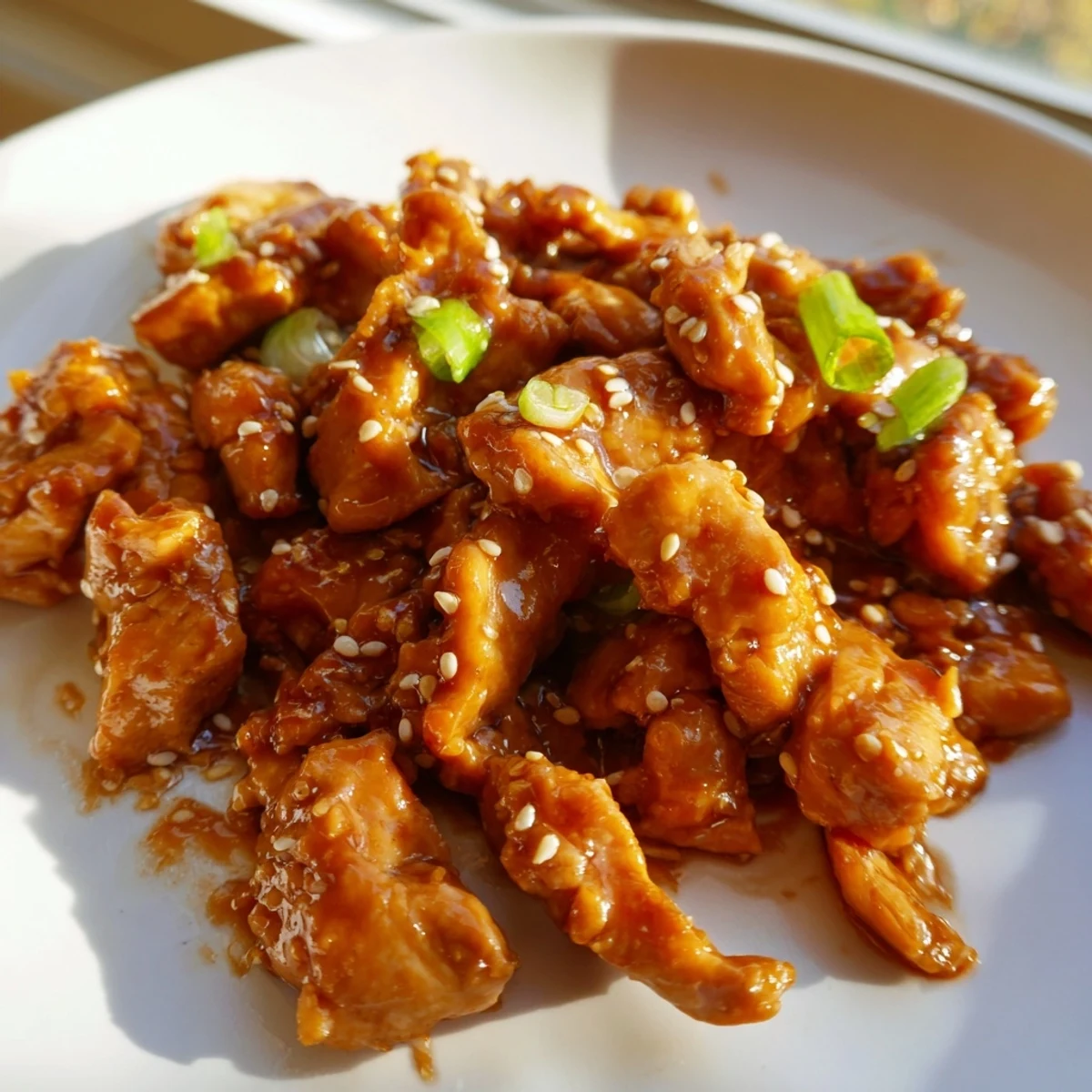Crockpot Mongolian chicken served over fluffy white rice with savory sweet soy glaze dripping from the juicy meat pieces