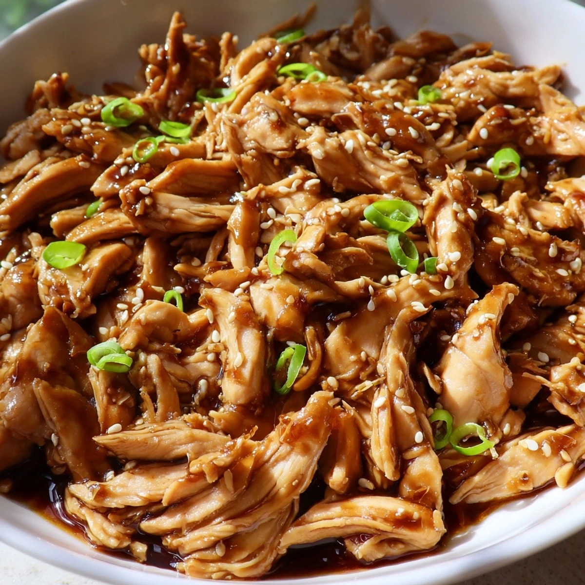 Slow cooker Mongolian chicken featuring tender shredded thighs coated in a glossy brown garlic ginger sauce and topped with green onions and sesame seeds